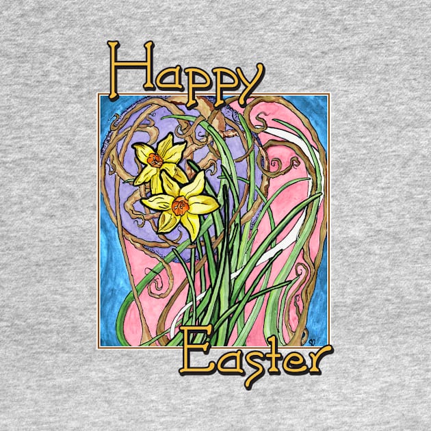 Happy Easter! Colorful Watercolor Daffodils on Blue Marble by CrysOdenkirk